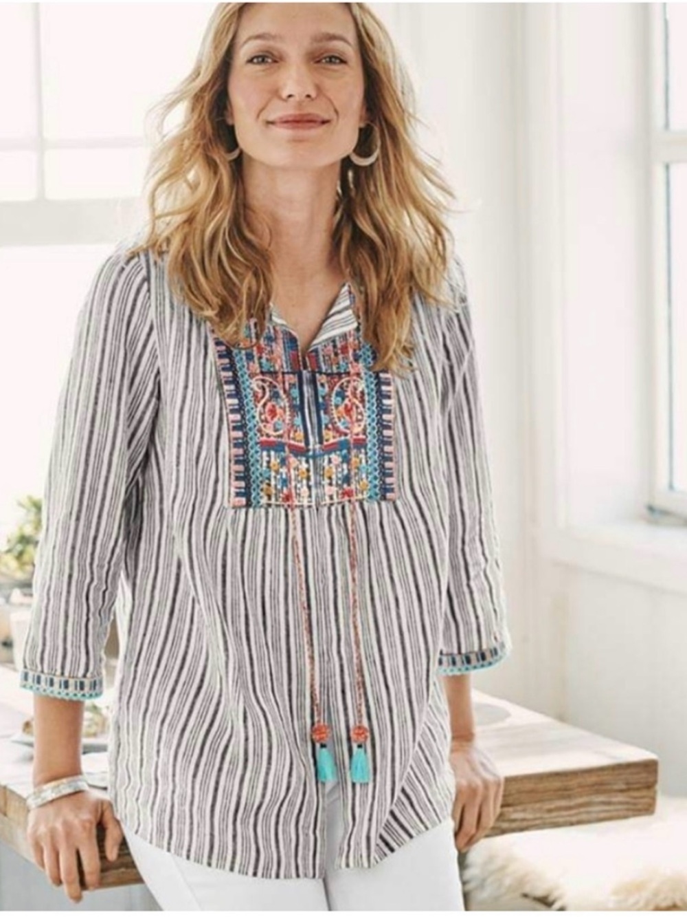 J. Jill Love Linen Embroidered Striped Blouse Size Medium